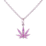 Sterling Silver Sativa Leaf Pendant with Pink Sapphire Gemstones