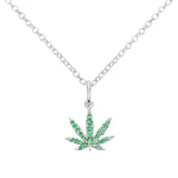White Gold Sativa Leaf Pendant with Green Garnet Gemstones