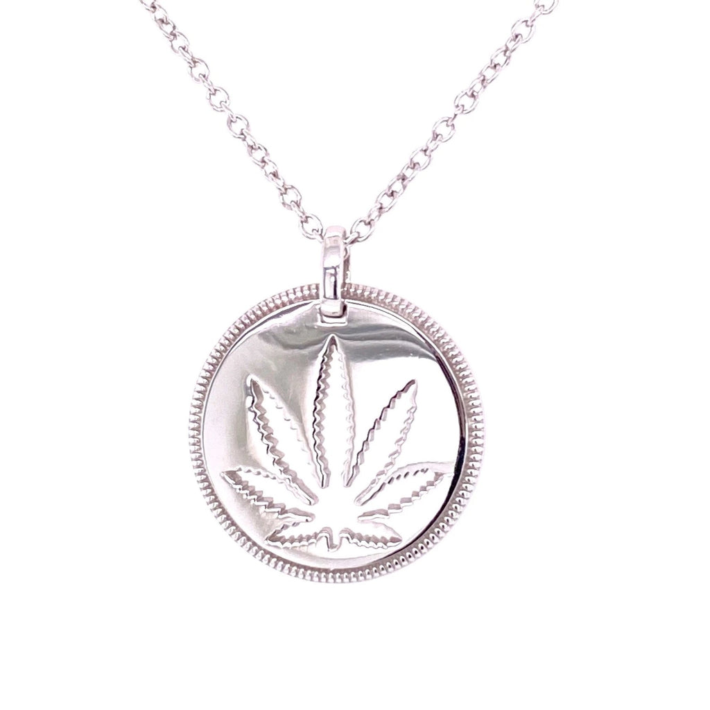 Sterling Silver Sativa Leaf Cutout Disc Pendant - Detailed Edge