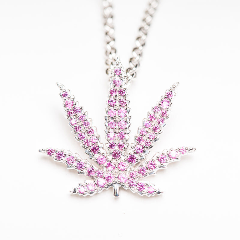 Sterling Silver Sativa Leaf Pendant with Pink Sapphire Gemstones