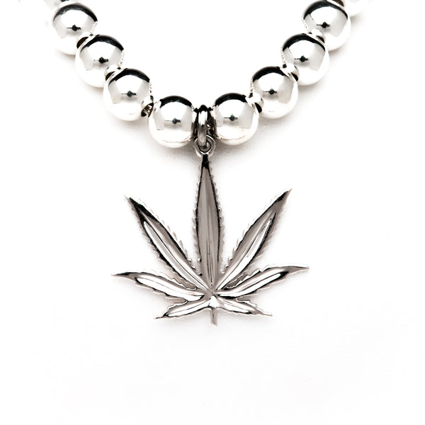 Sterling Silver Sativa Leaf Classic Pendant - Silver Beaded Necklace