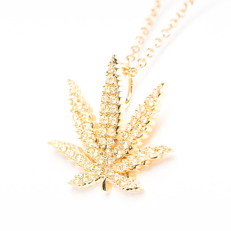 Gold Sativa Leaf Pendant with Yellow Diamond Gemstones