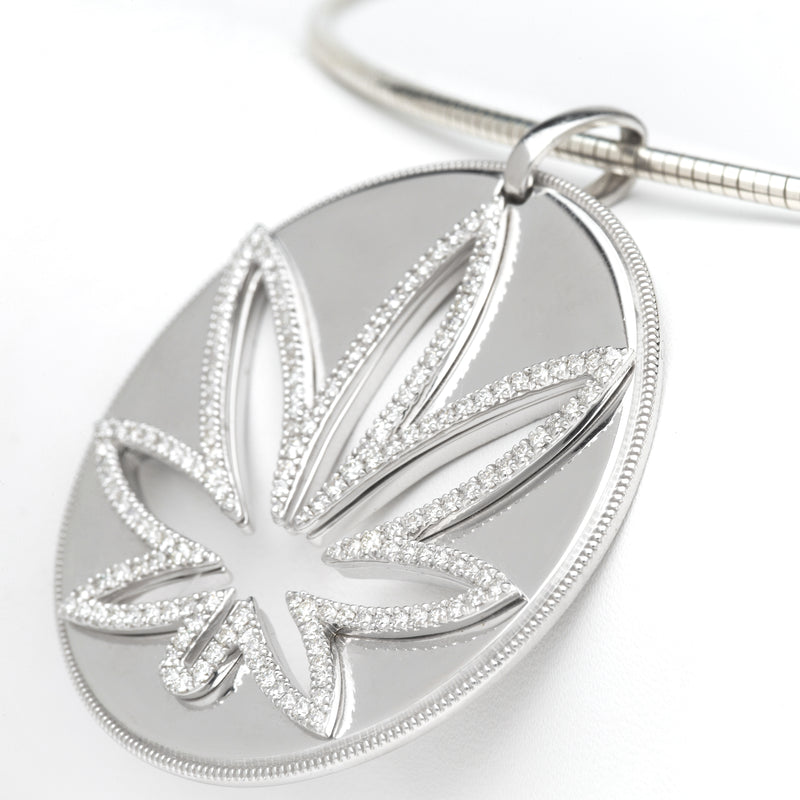 Modern 7 Leaf Sterling Silver Cutout Disc Pendant with White Diamonds