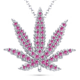 Sterling Silver Sativa Leaf Pendant with Pink Sapphire Gemstones