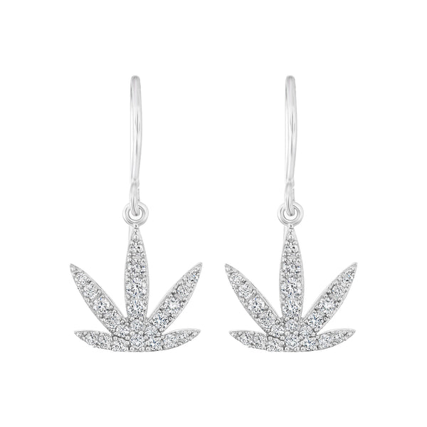 White Gold Modern Leaf Hook Earrings White Diamond Emeralds