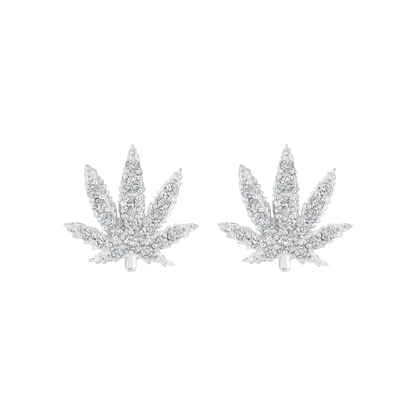White Gold Sativa Leaf Stud Earrings with White Diamond Gemstones