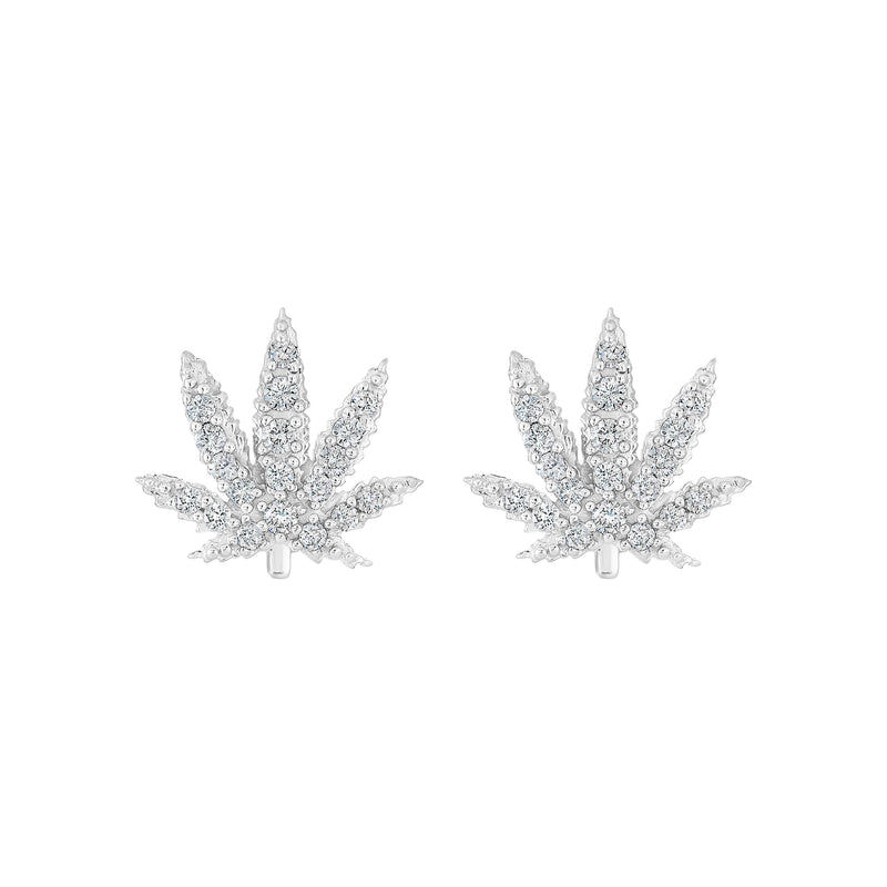 White Gold Sativa Leaf Stud Earrings with White Diamond Gemstones
