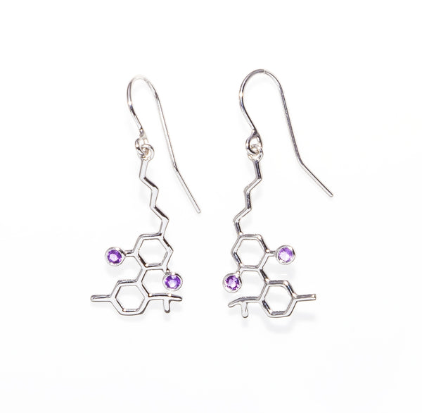 Sterling Silver Molecule Hook Earrings Amethyst Gemstones
