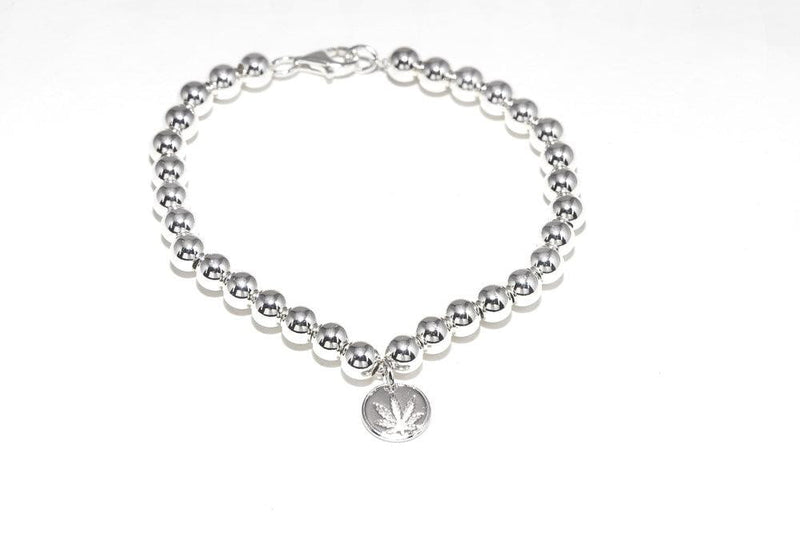 Sterling Silver Beaded Bracelet with Sativa Cutout Disc Charm