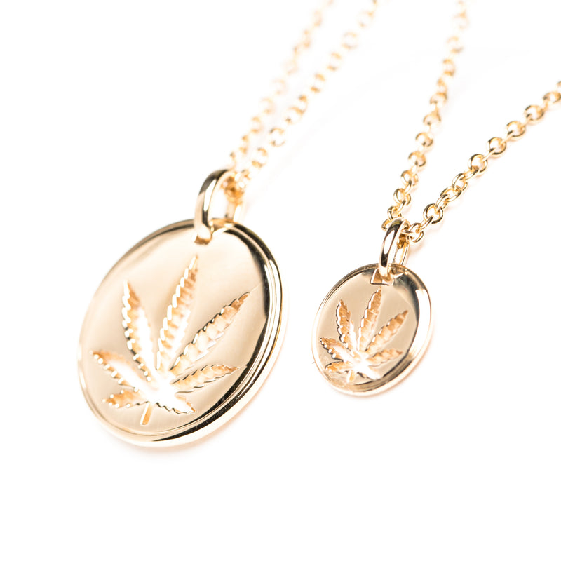 18mm and 10mm Yellow Gold Sativa Leaf Cutout Disc Pendant