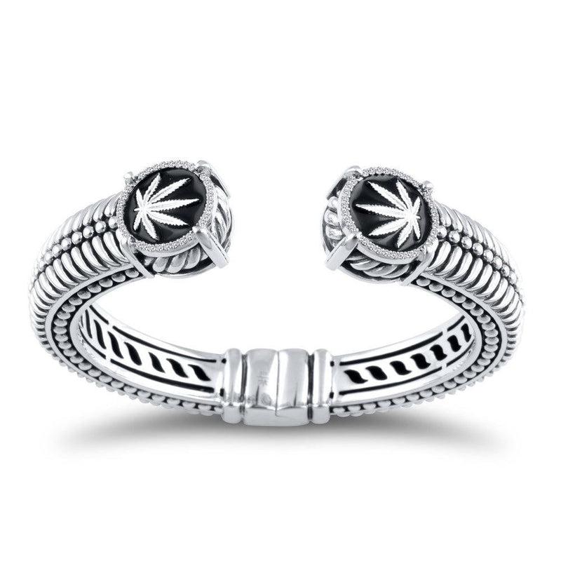 Sterling Silver Sativa Leaf Bracelet - Hinged Cuff with Diamonds