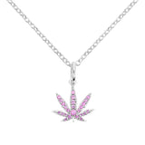 White Gold Sativa Leaf Pendant with Pink Sapphire Gemstones