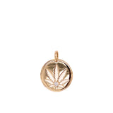 Gold Sativa Leaf Cutout Disc Pendant with a Diamond