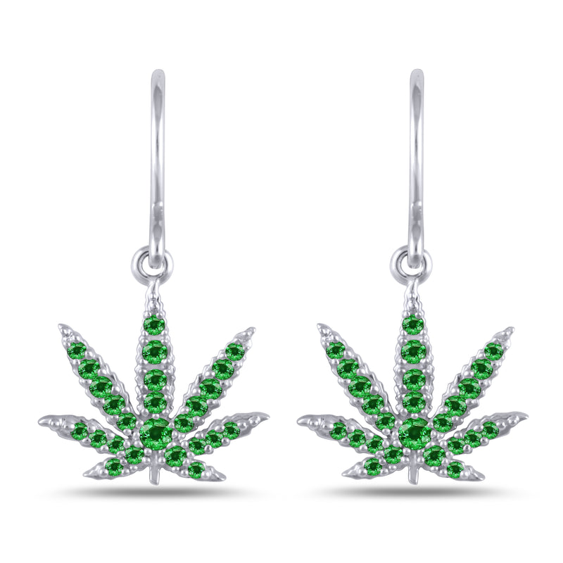 Sterling Silver Sativa Leaf Hook Earrings with Green Garnet Gemstones