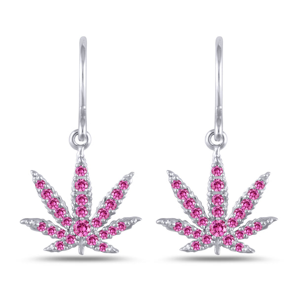 White Gold Sativa Leaf Hook Earrings with Pink Sapphire Gemstones