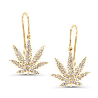 Gold Sativa Leaf Hook Earrings - White Diamond Gemstones