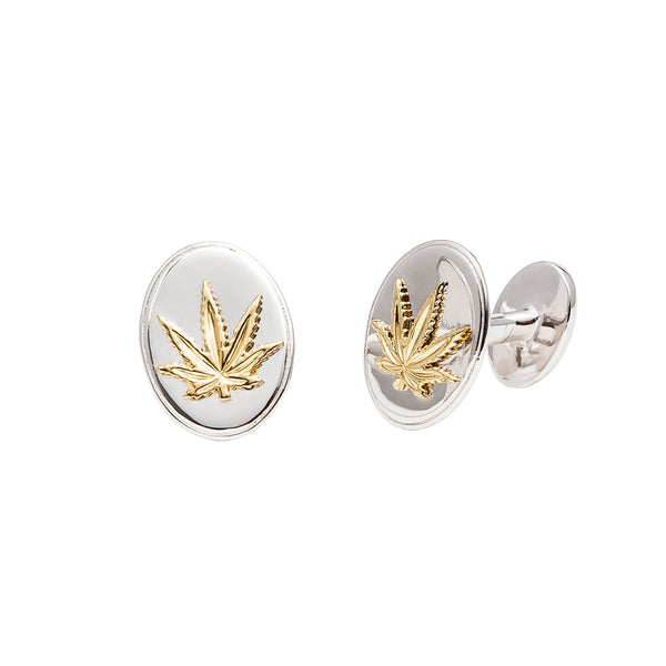 Gold and Sterling Silver Sativa Leaf Oval Cufflinks